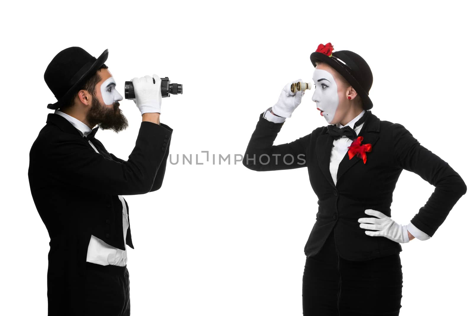Two memes as business people looking at each other through binoculars  by master1305