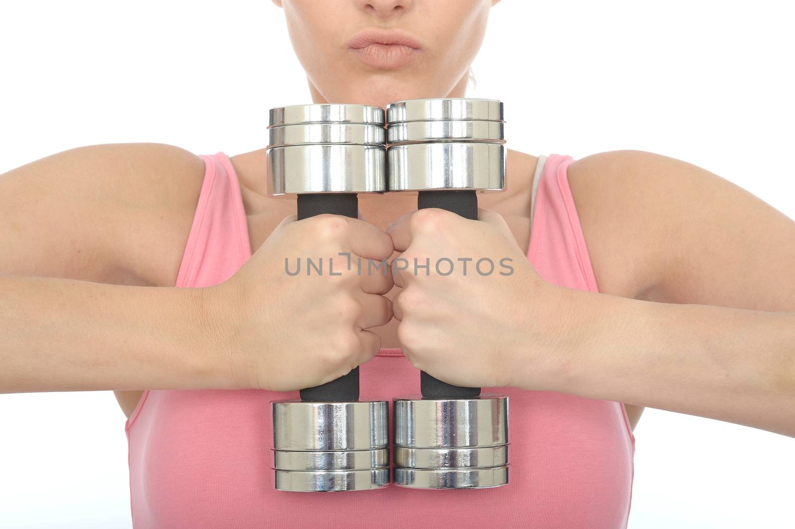 Healthy Young Woman Holding Two Dumb Bell Weights Together by Whiteboxmedia