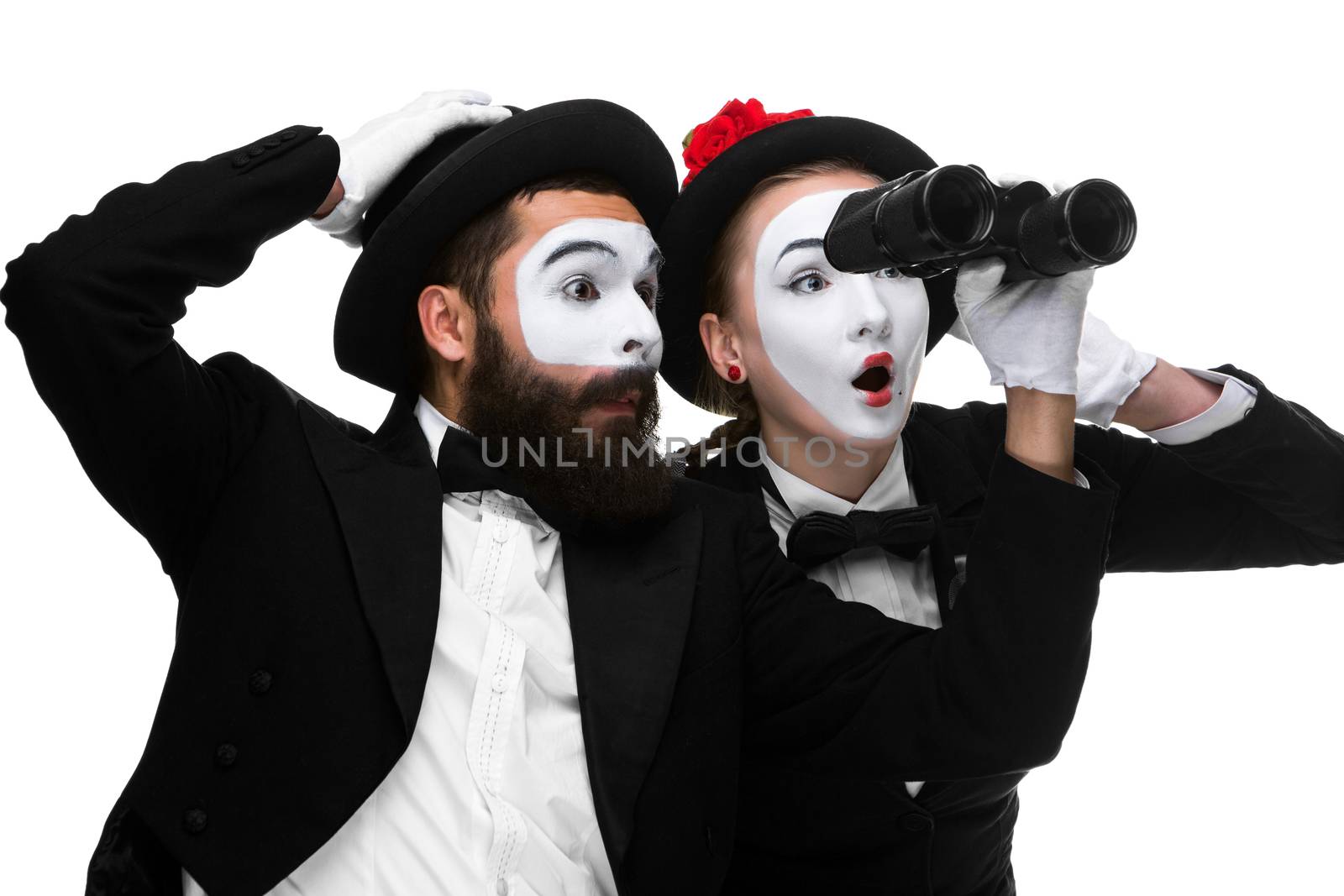 Two memes as business people looking through binoculars  by master1305