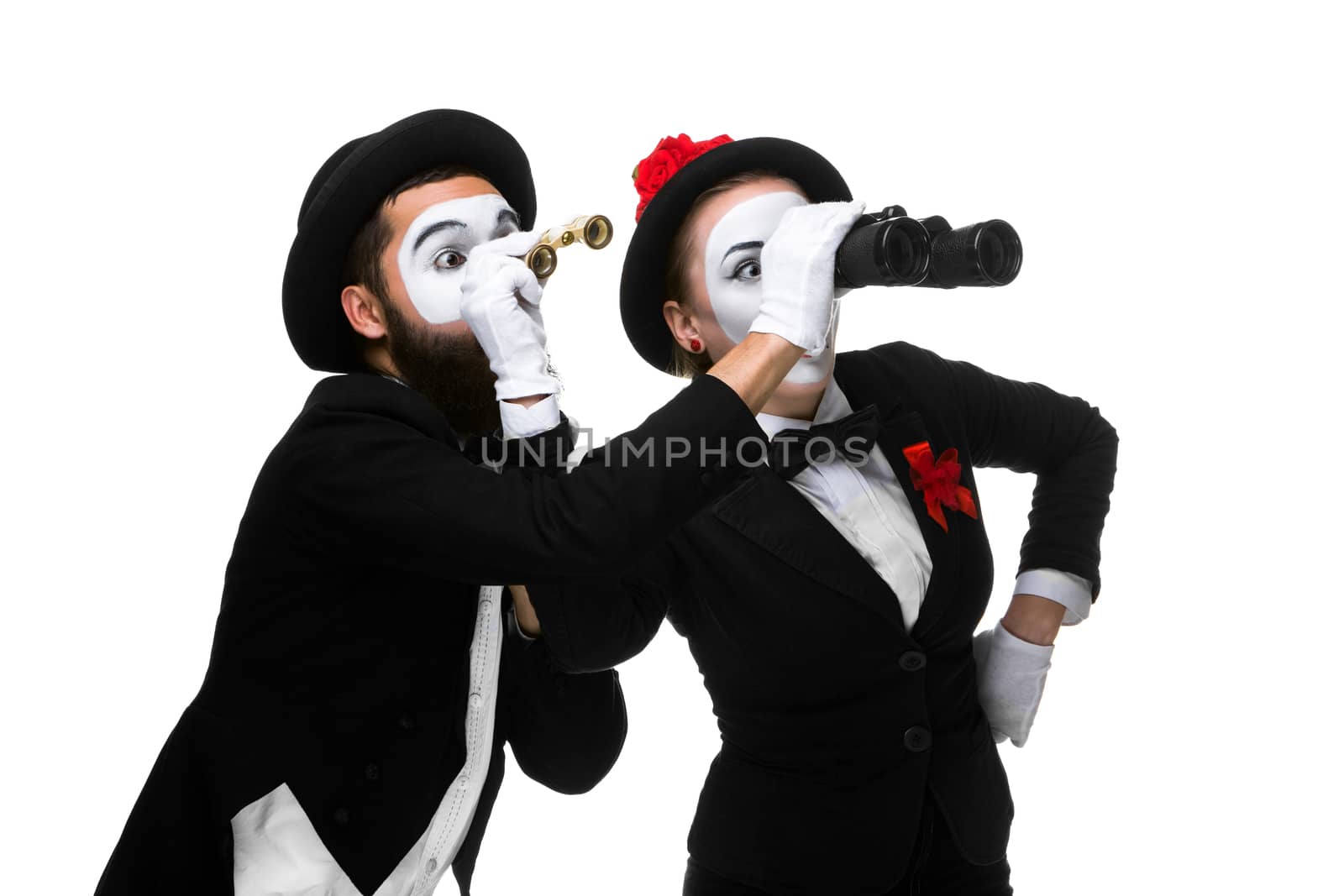 Two memes as business people  looking through binoculars isolated on white background. concept of search and surprise