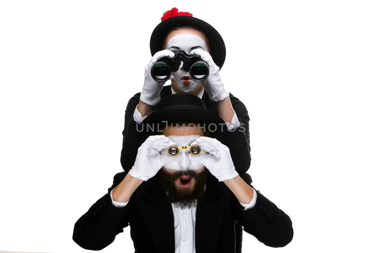 Two memes as business people looking through binoculars  by master1305