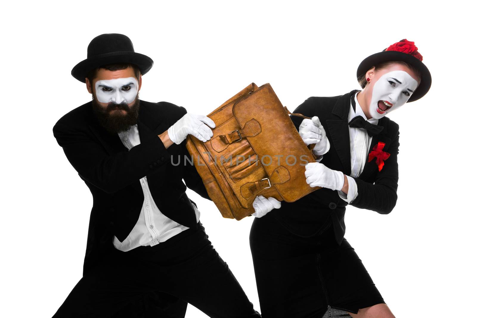 Two memes as business man and woman fighting over briefcase isolated on white background. the concept of the struggle for power and position