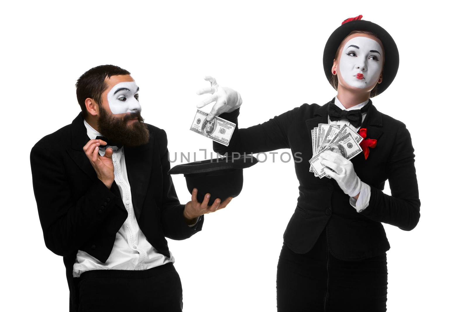 memes as businesswoman and businessman counting money. Isolated on white.