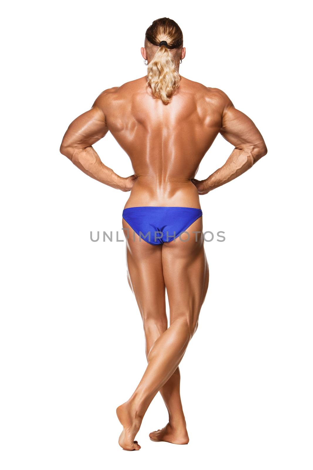 Attractive male body builder, isolated on white background. Portrait in full growth. back view