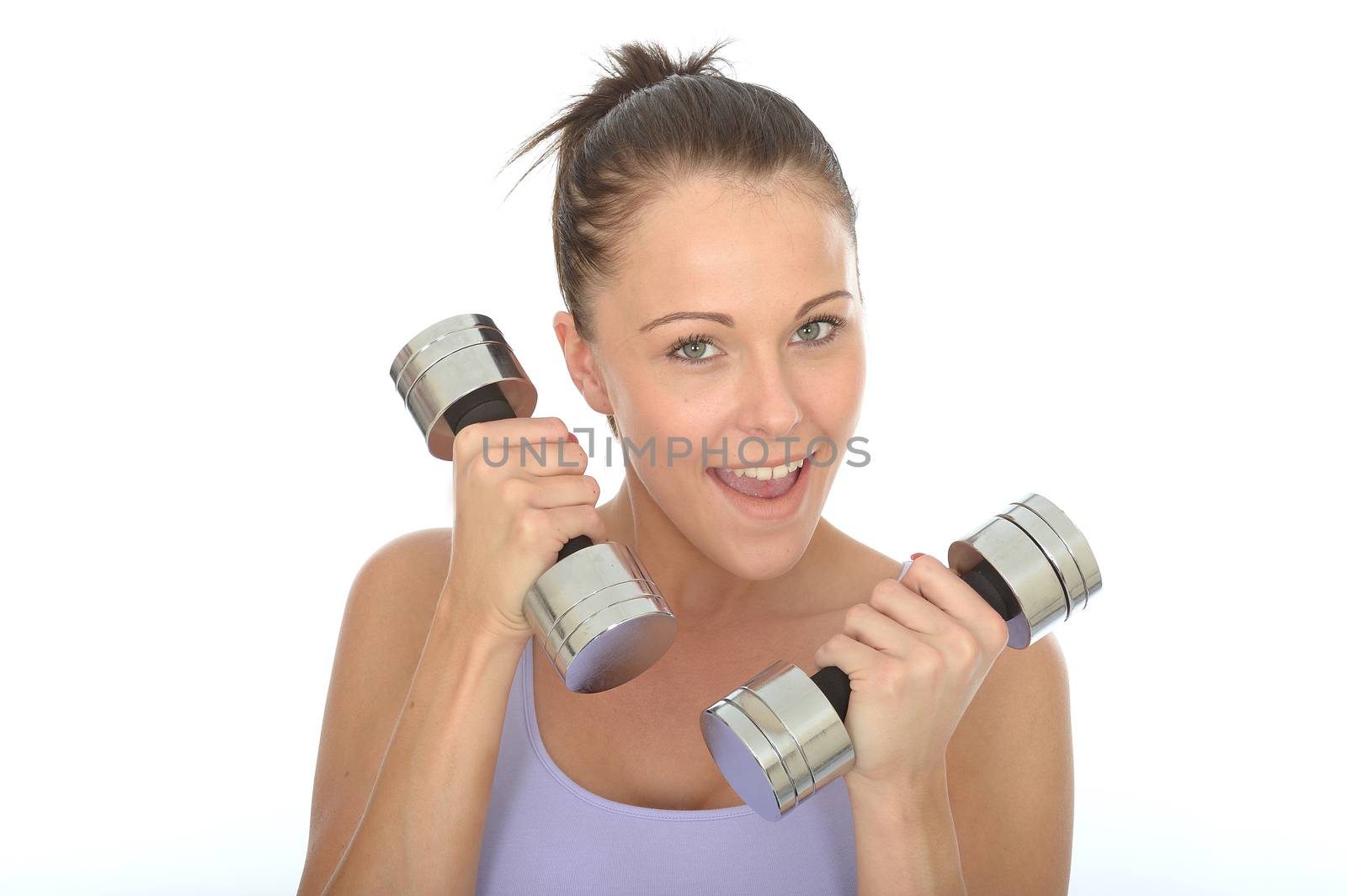 Healthy Happy Young Woman Smiling Training With Dumb Bell Weights 