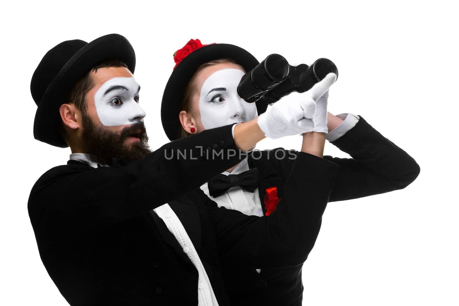 Two memes as business people  looking through binoculars isolated on white background. concept of search and surprise