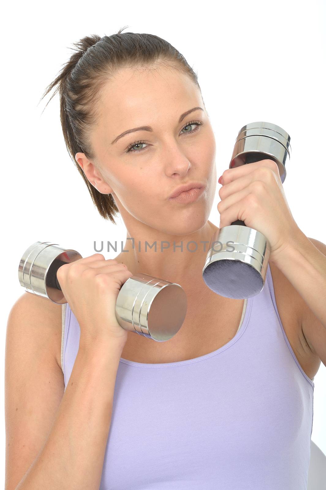 Healthy Aggressive Young Woman Training With Dumb Bell Weights Concentrating