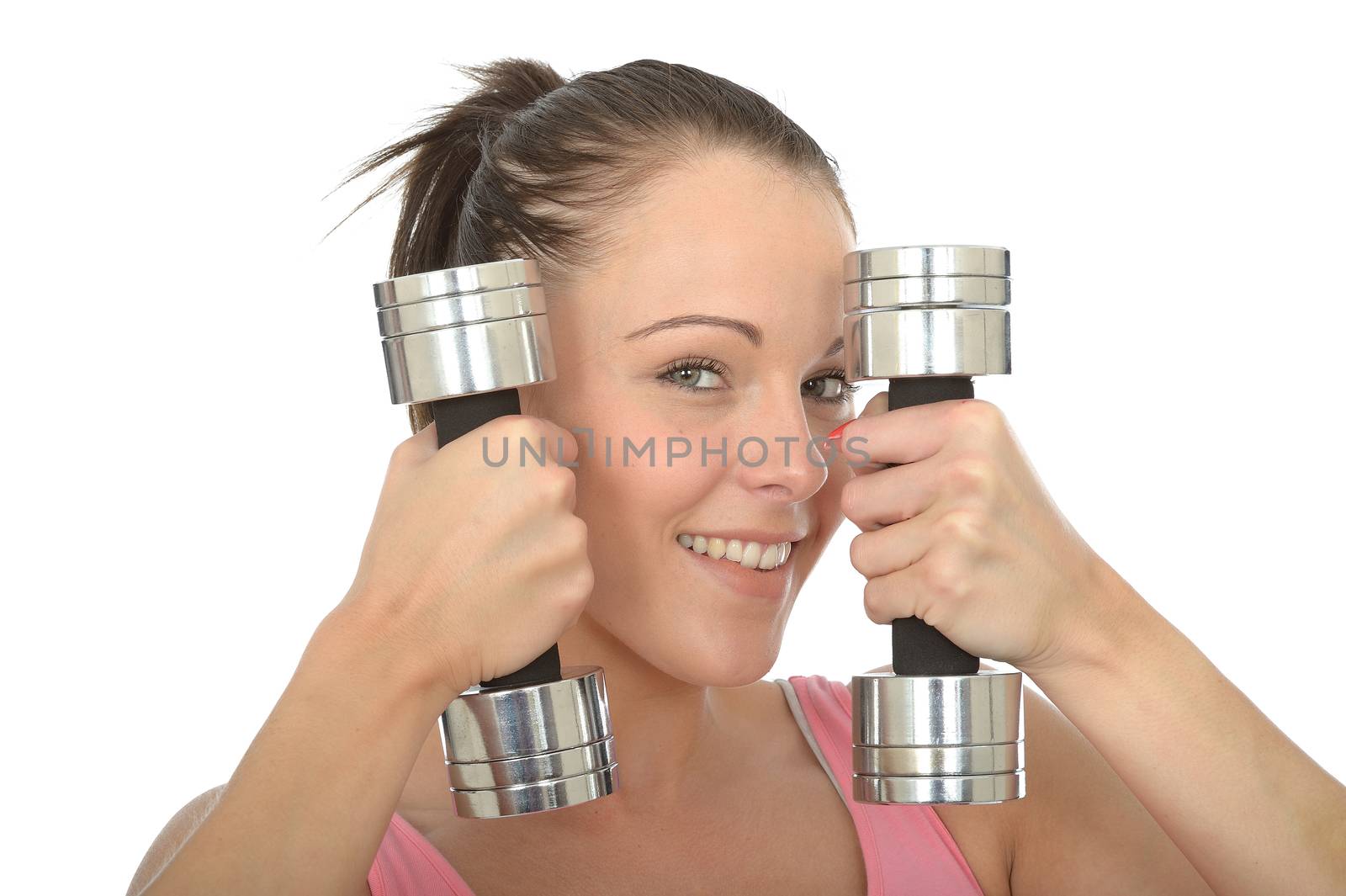 Healthy Happy Young Woman Training With Dumb Bell Weights by Whiteboxmedia