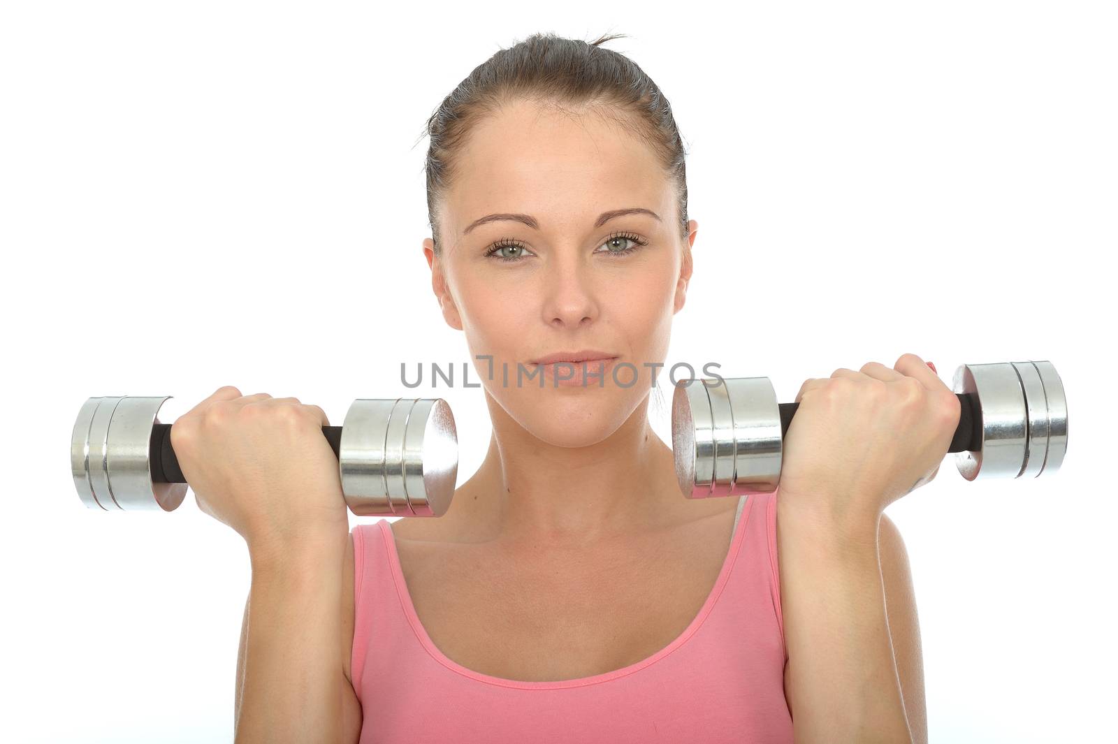 Healthy Happy Young Woman Training With Dumb Bell Weights by Whiteboxmedia