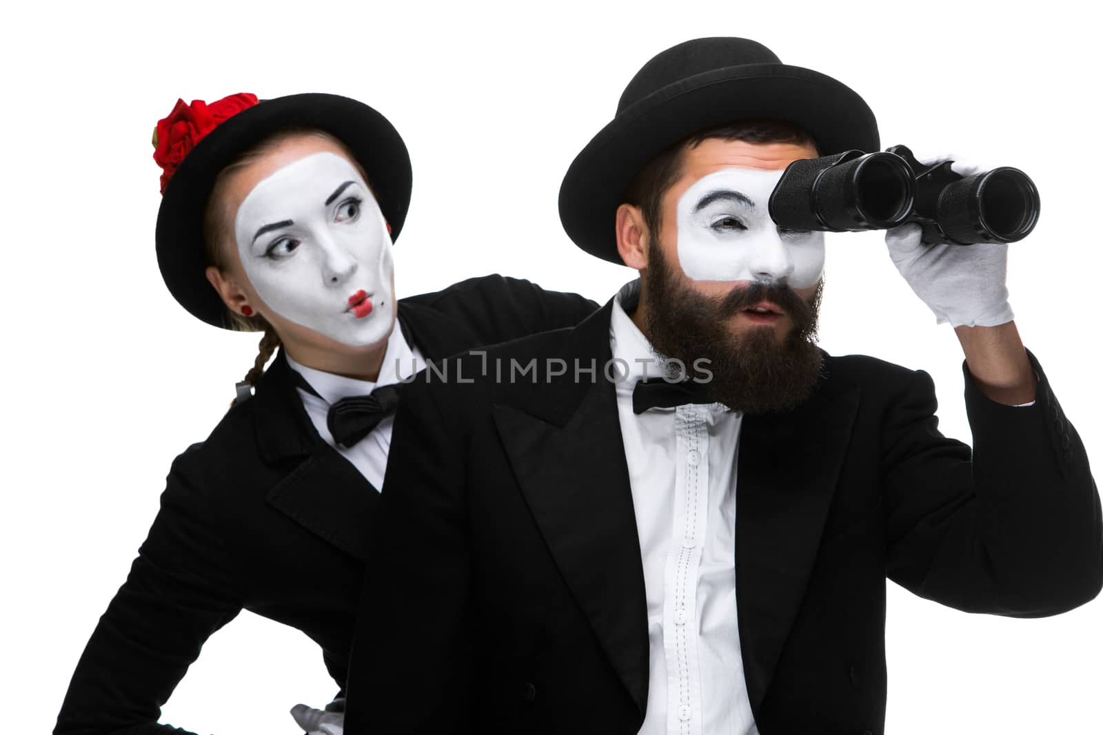 Two memes as business people  looking through binoculars isolated on white background. concept of search and surprise