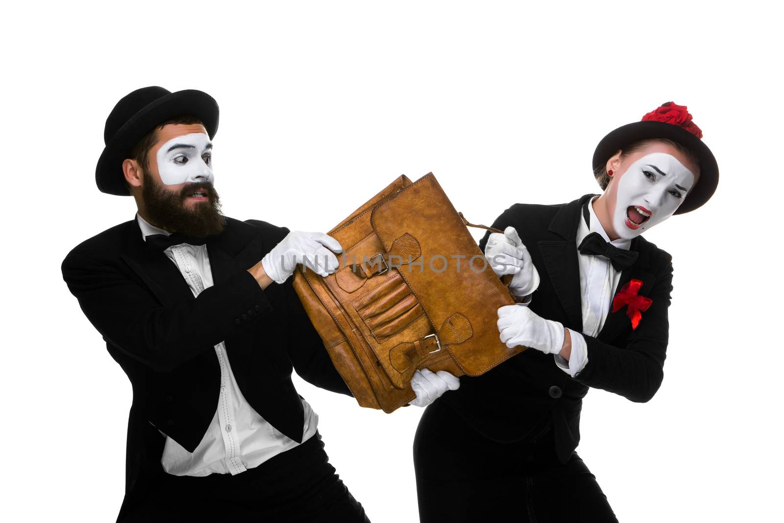 Two memes as business man and woman fighting over briefcase isolated on white background. the concept of the struggle for power and position