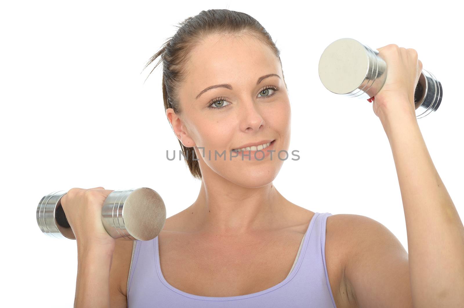 Healthy Happy Young Woman Smiling Training With Dumb Bell Weights 