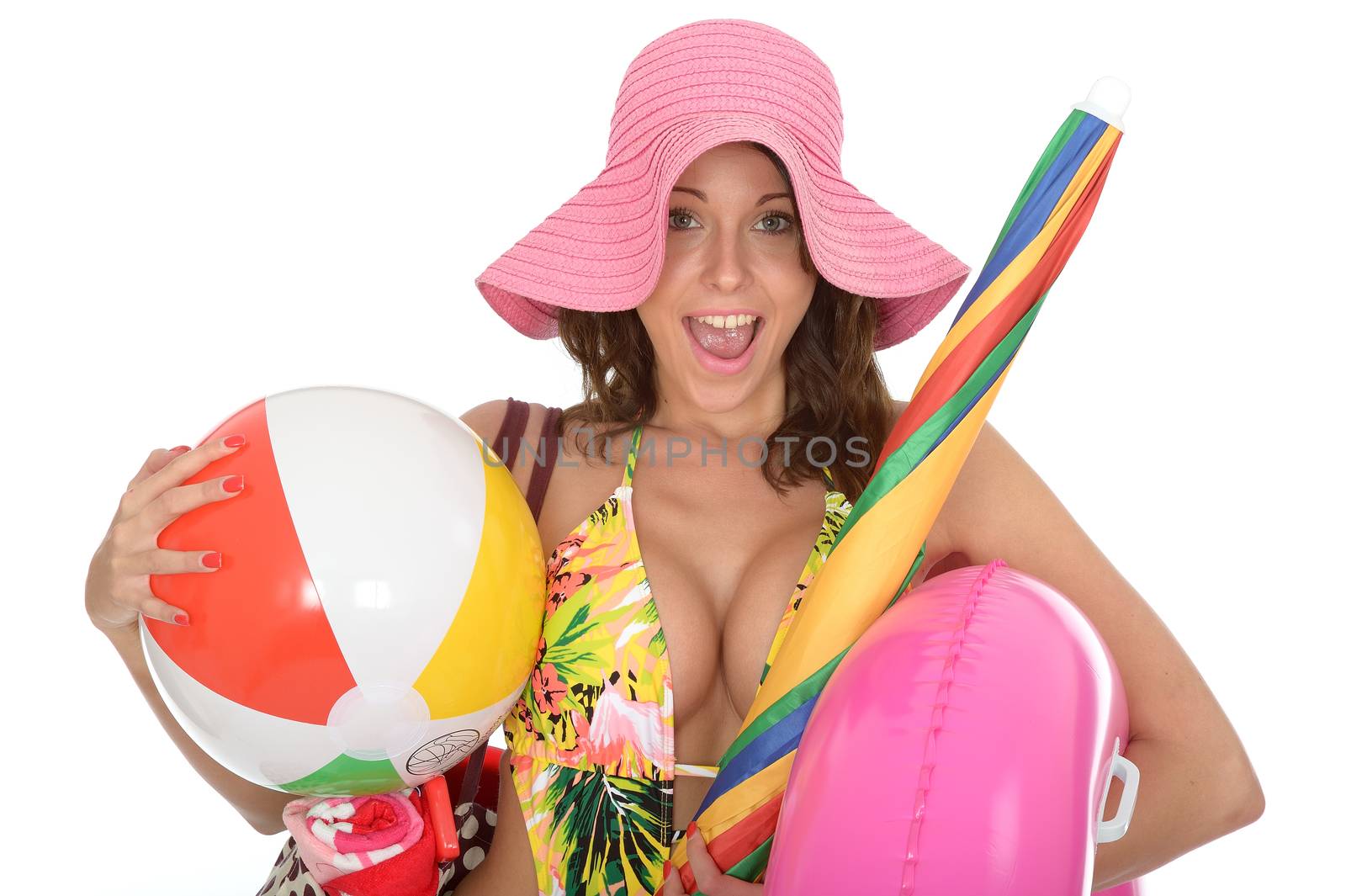 Young Woman Wearing a Swim Suit on Holiday Carrying a Beach Ball by Whiteboxmedia
