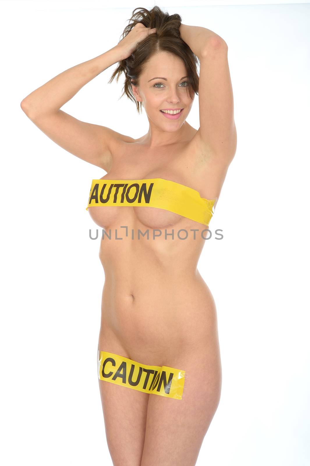 Sexy Sensual Naked Young Pin Up Woman Wearing Yellow Caution by Whiteboxmedia