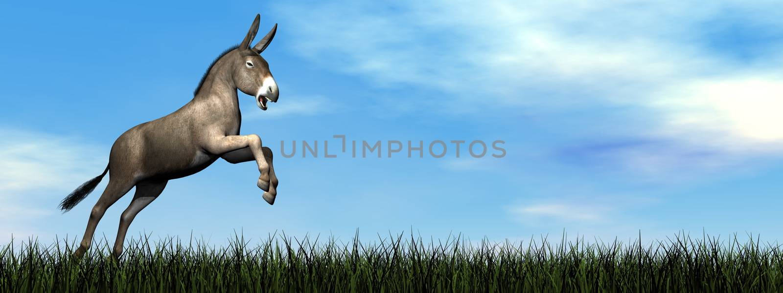 Donkey jumping on the green grass by day - 3D render