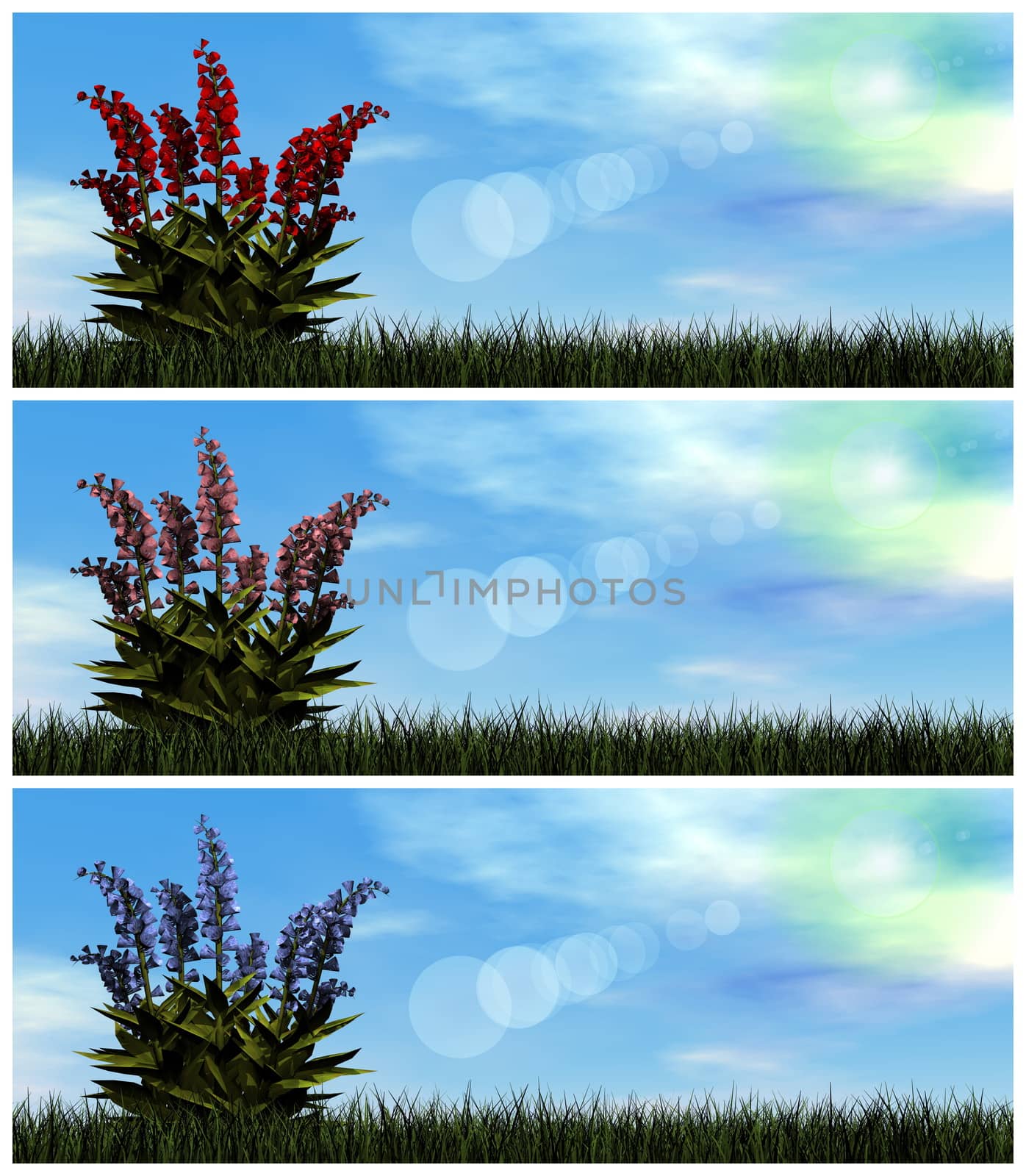 Set of colorful flowers by day - 3D render