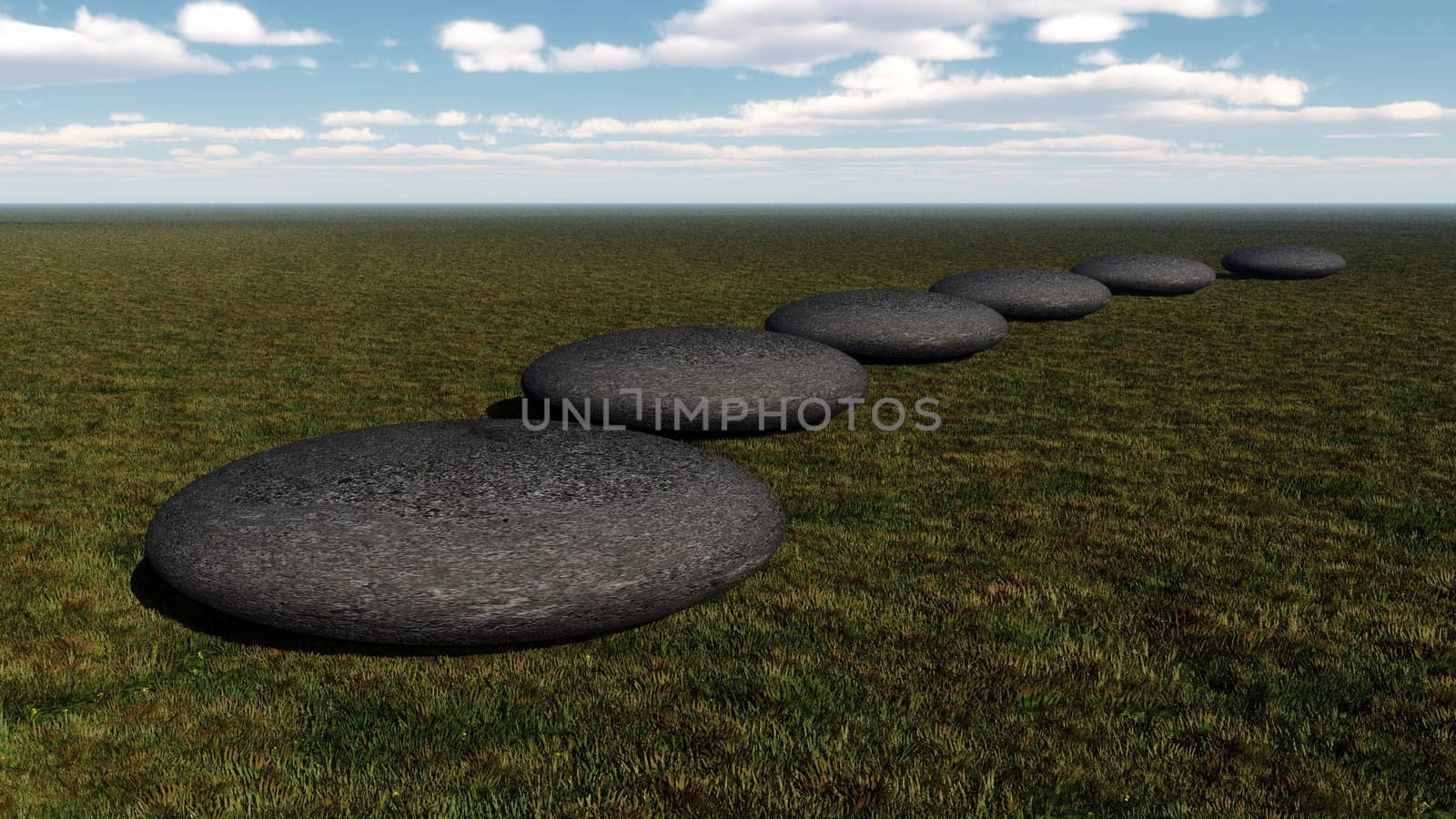 Grey stones steps upon the ground going to the horizon by day - 3D render
