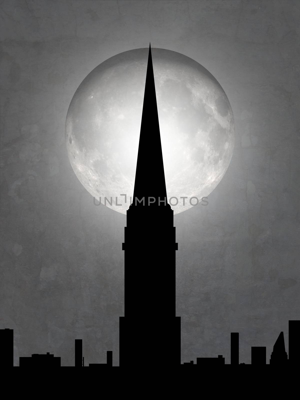 Illustration of a cityscape with tall tower and moon in the background