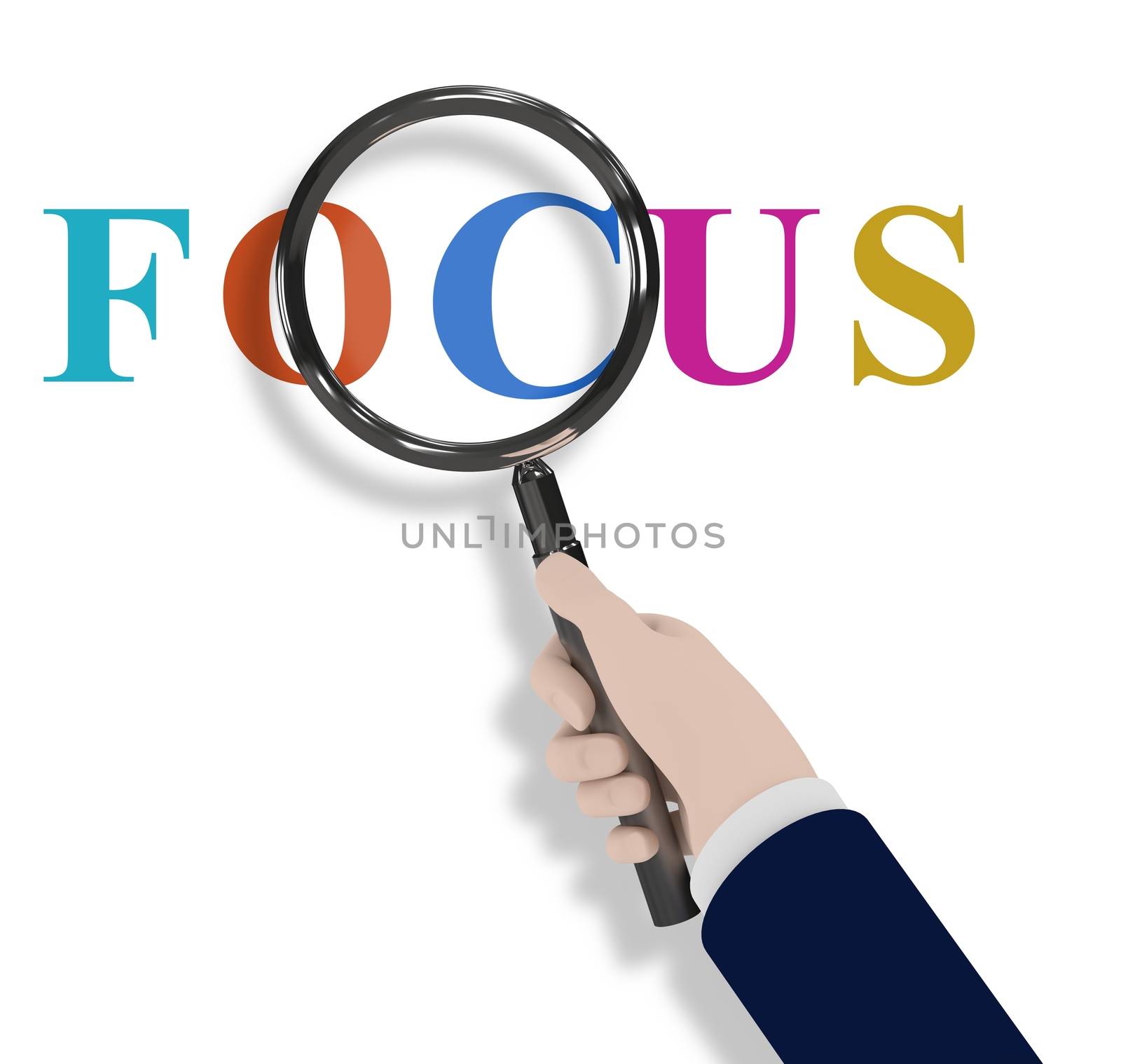 Illustration of a hand holding a magnifying glass with the word Focus