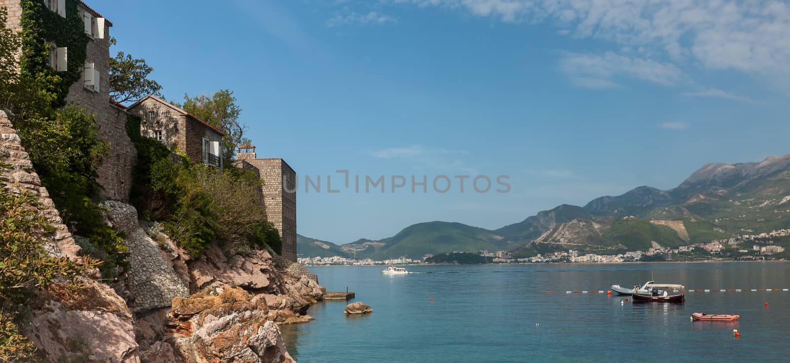 St. Stephan island in Adriatic Sea in Montenegro. panoramic views of the coast 