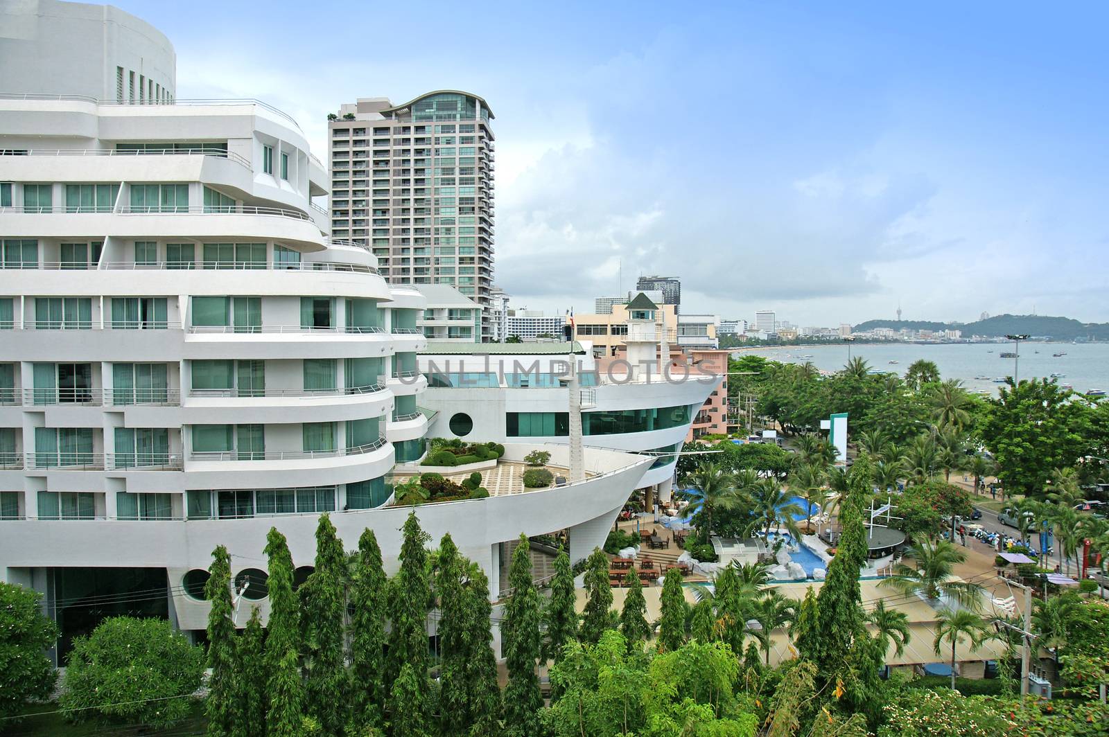 Aerial view of a hotel building and beach at pattaya, Thailand