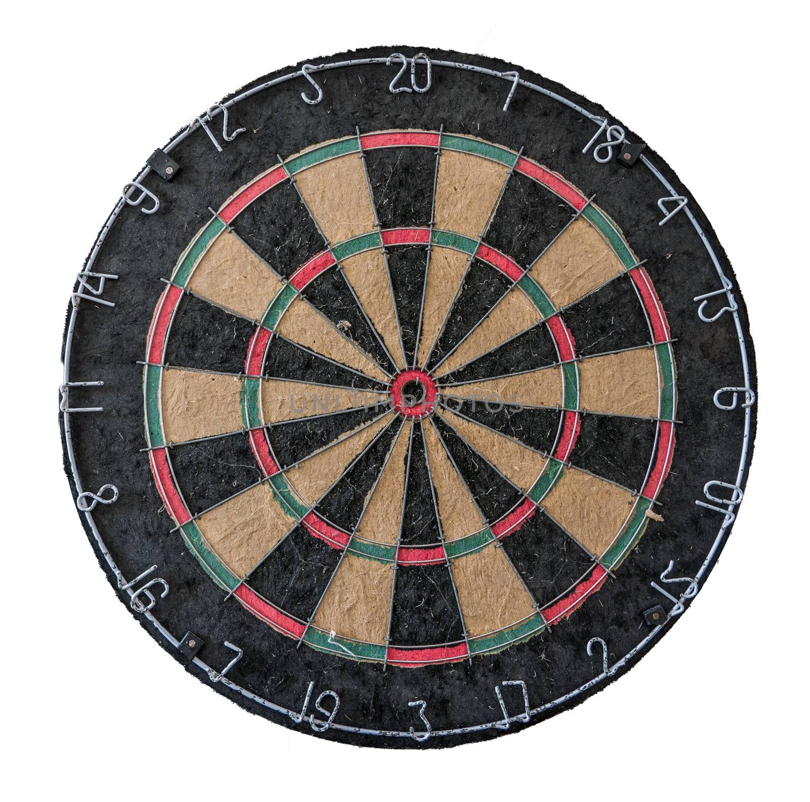 An Old Grungy Dart Board On A White Background