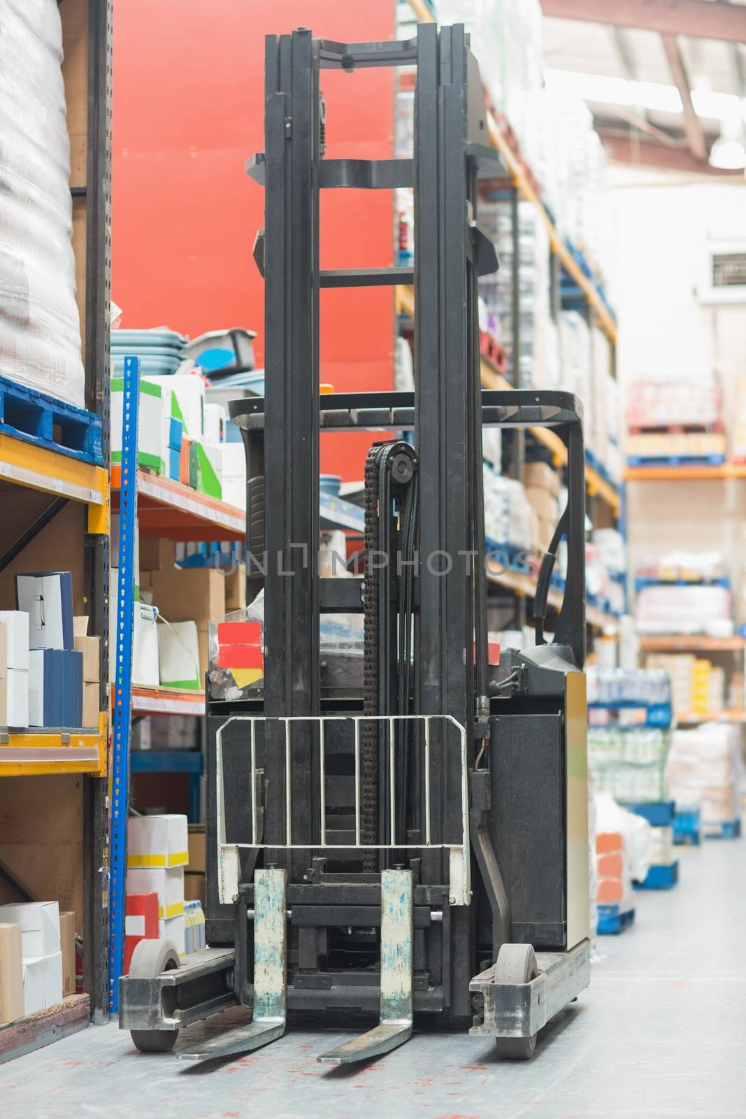 Close up of forklift machine in warehouse