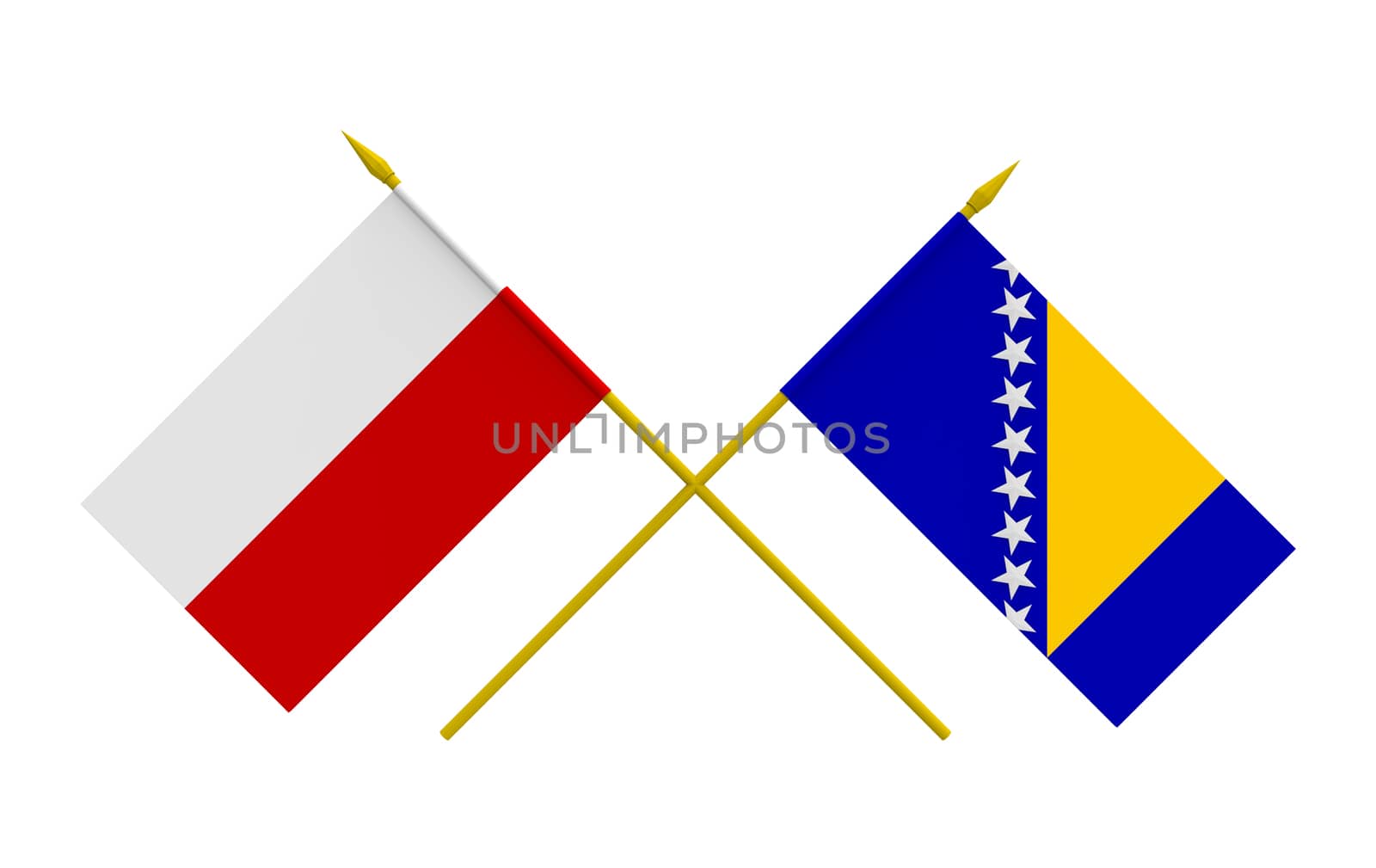 Flags of Poland and Bosnia and Herzegovina, 3d render, isolated