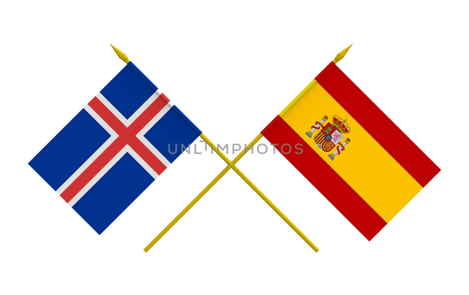 Flags of Iceland and Spain, 3d render, isolated on white