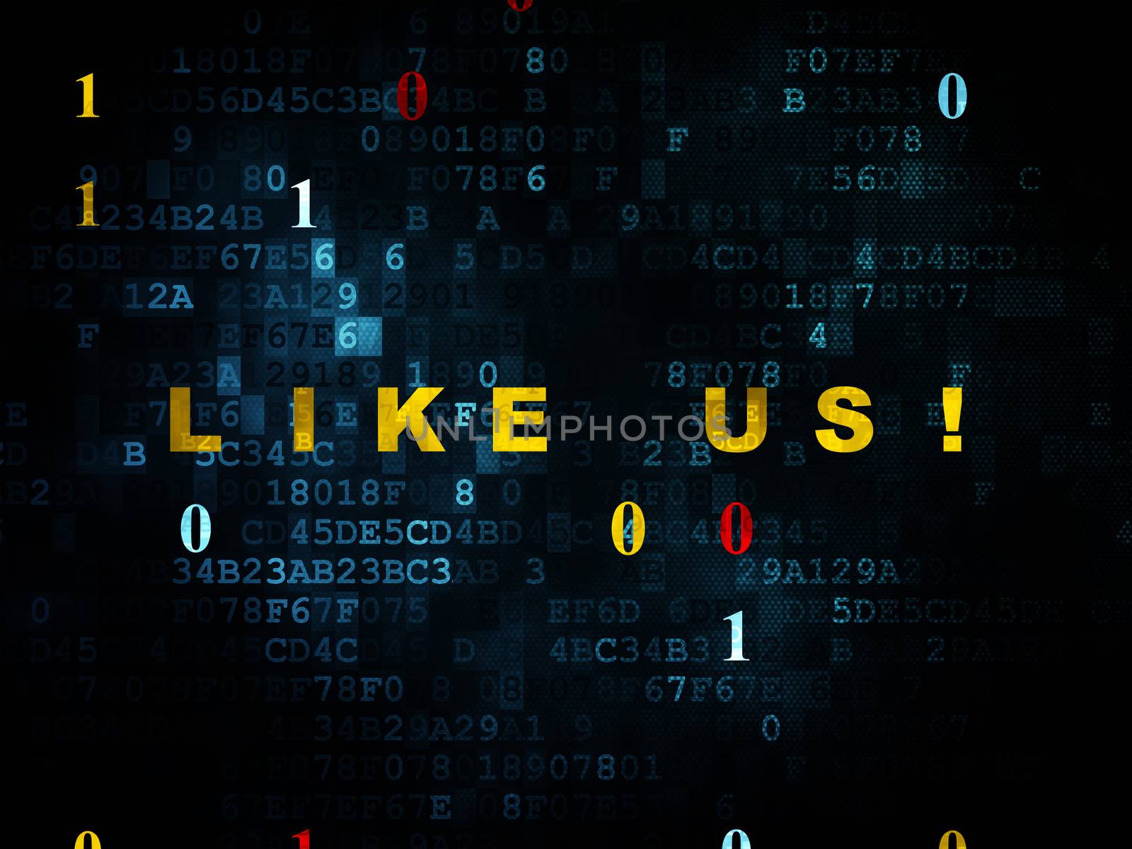 Social media concept: Pixelated yellow text Like us! on Digital wall background with Binary Code, 3d render