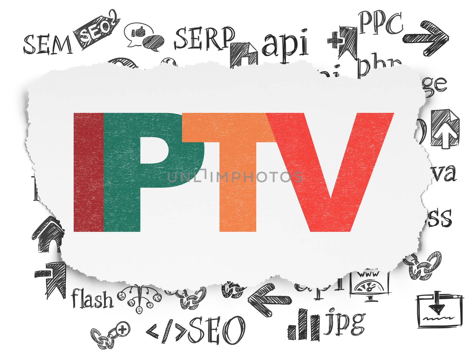 Web design concept: Painted multicolor text IPTV on Torn Paper background with  Hand Drawn Site Development Icons, 3d render