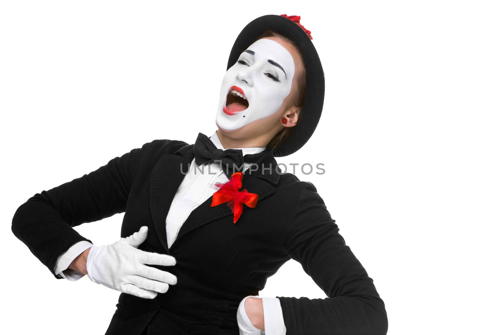 Portrait of the surprised and joyful woman as mime with open mouth isolated on white background. the concept of complete satisfaction and joy