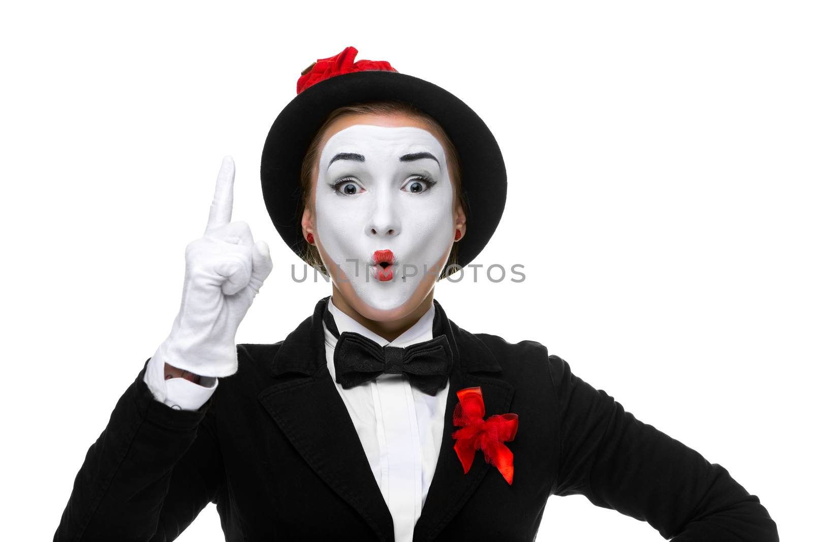Portrait of the surprised and joyful woman as mime with open mouth isolated on white background.   I have a good idea