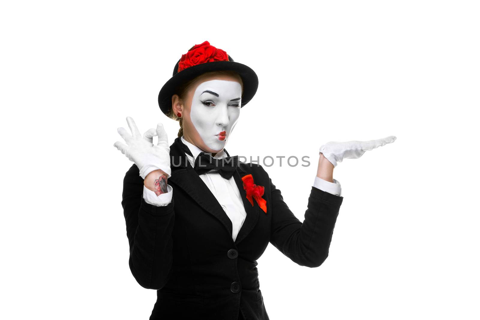 Portrait of the approving woman as mime showing that everything is fine, isolated on white background. 