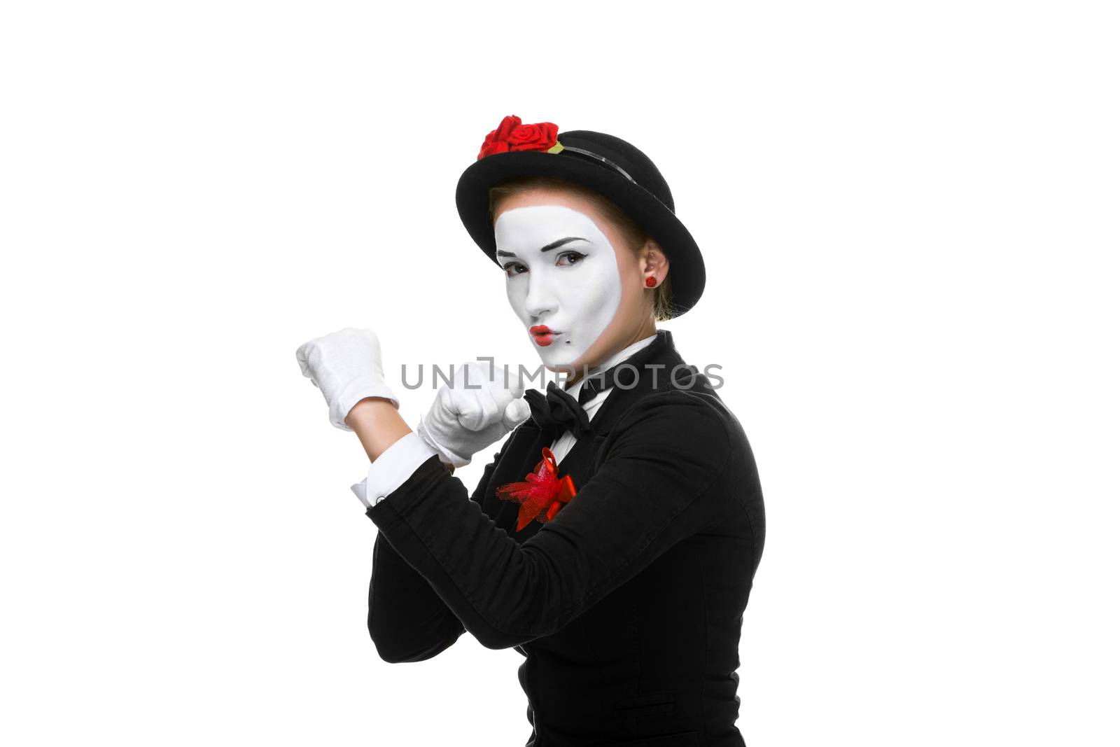 Isolated on a white background young business woman showing power