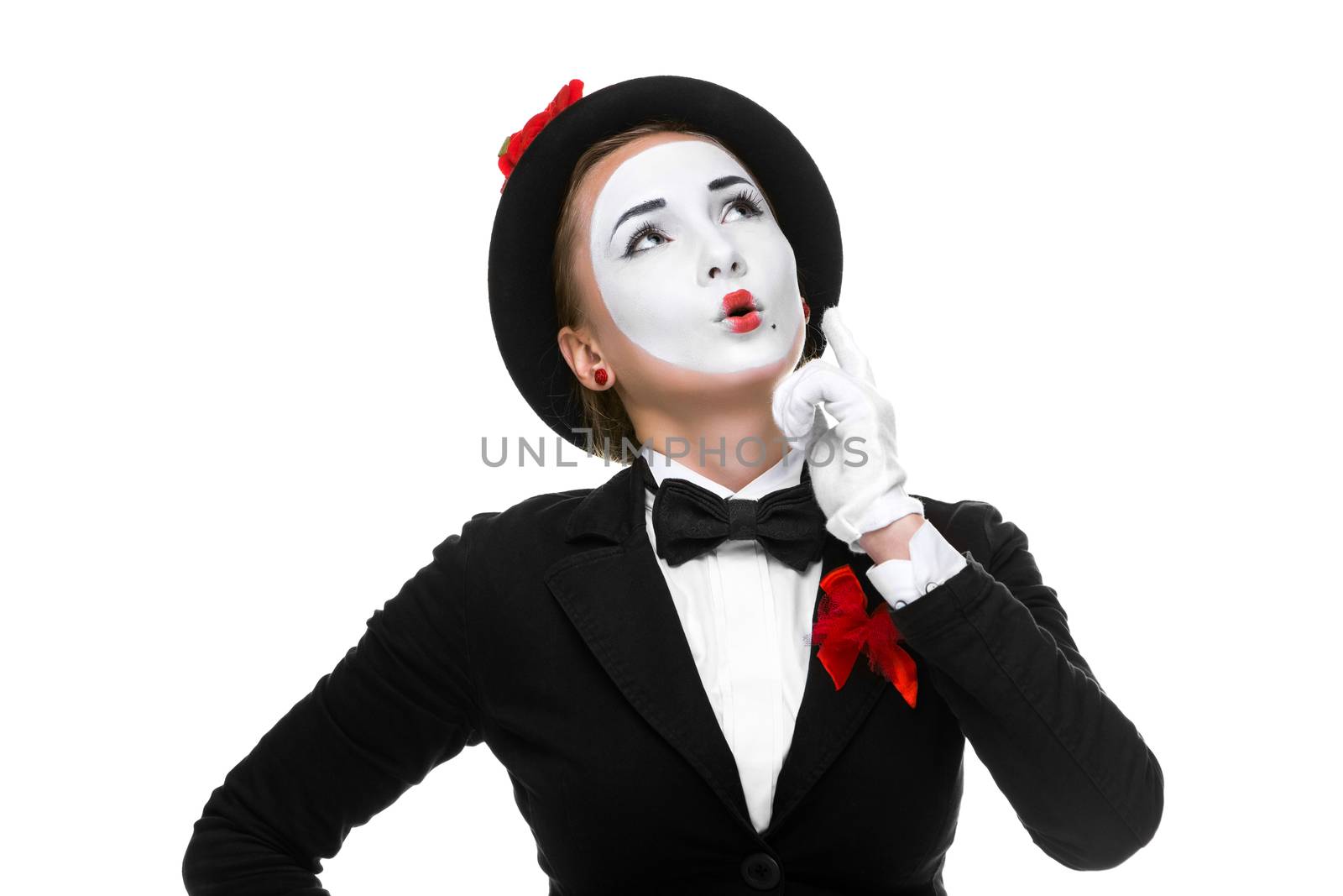 Portrait of the surprised and joyful woman as mime isolated on white background. Concept of approval and recommendations