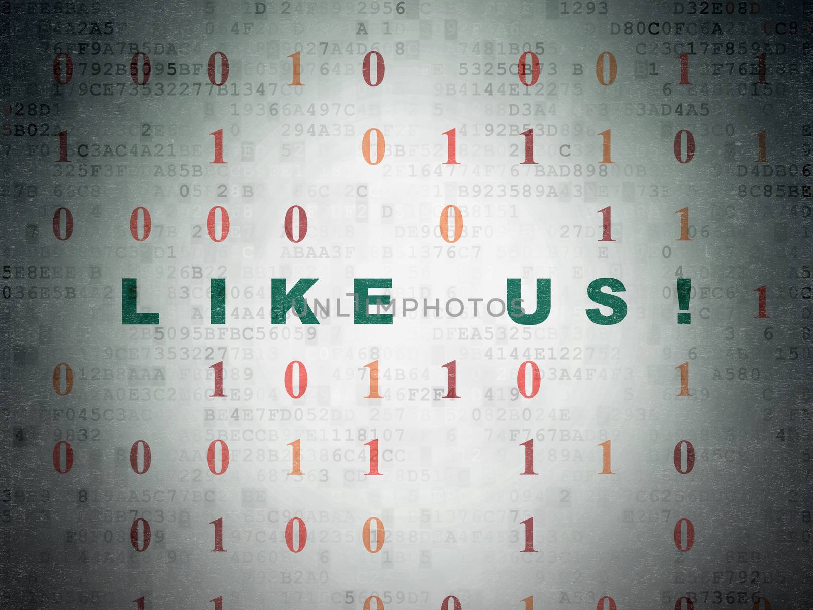 Social media concept: Painted green text Like us! on Digital Paper background with Binary Code, 3d render