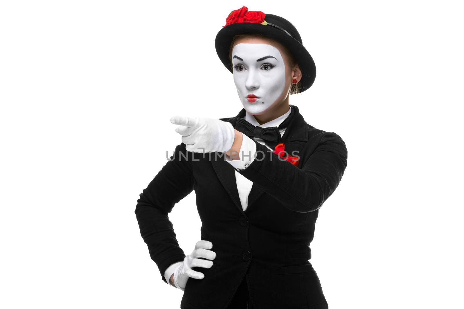 Portrait of the mime with pointing finger isolated on white background. concept of choice