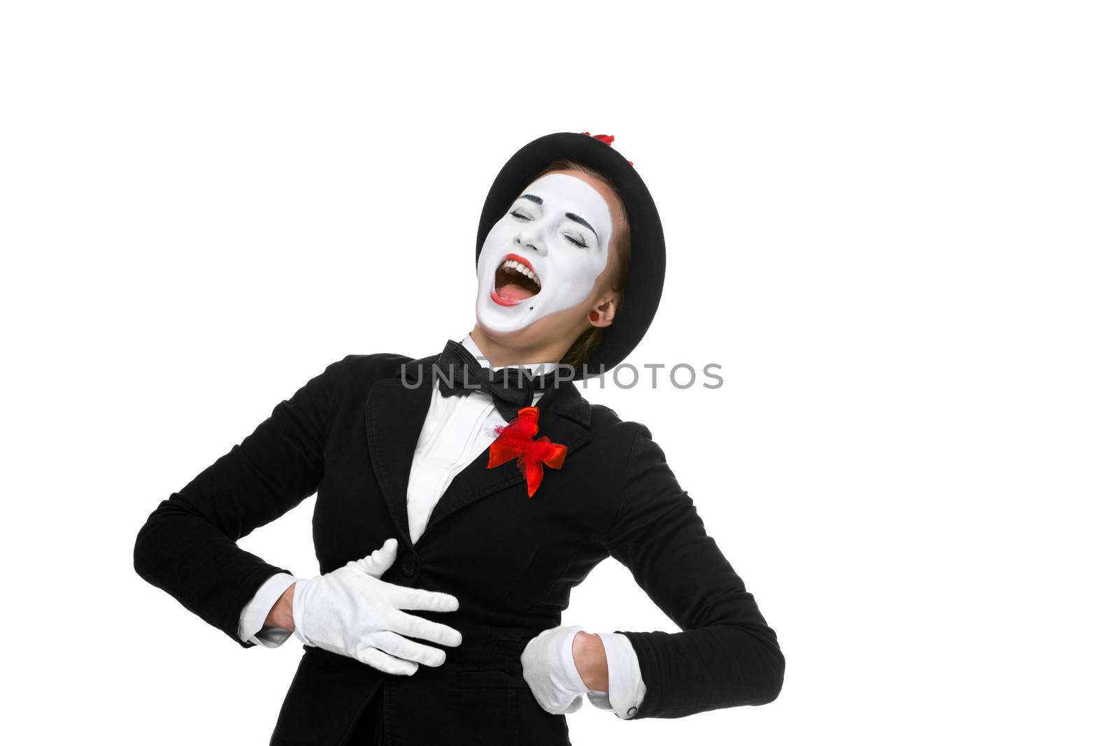 Portrait of the surprised and joyful woman as mime with open mouth isolated on white background. the concept of complete satisfaction and joy