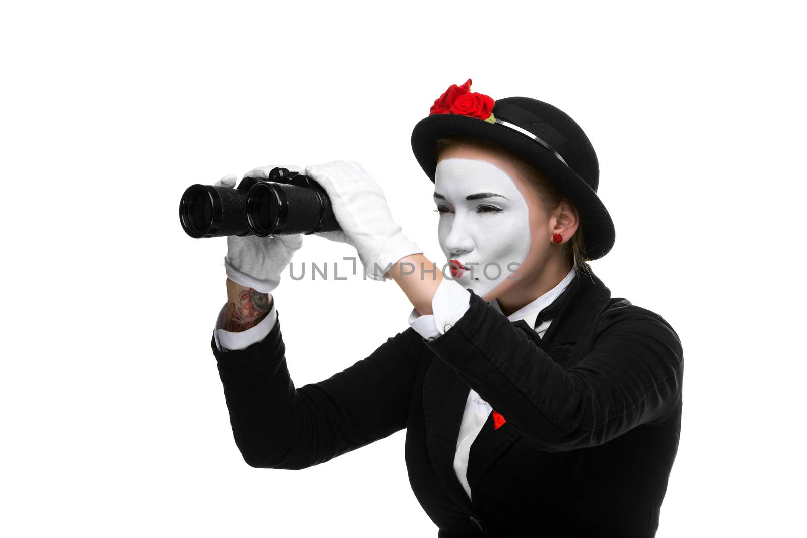 Portrait of the searching woman as mime with binoculars isolated on white background. Concept intense search