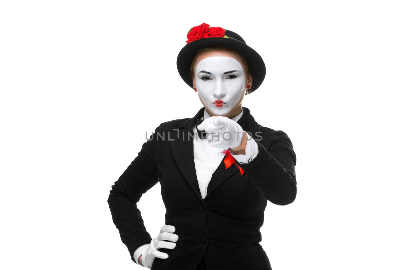 Portrait of the mime with pointing finger isolated on white background. concept of choice