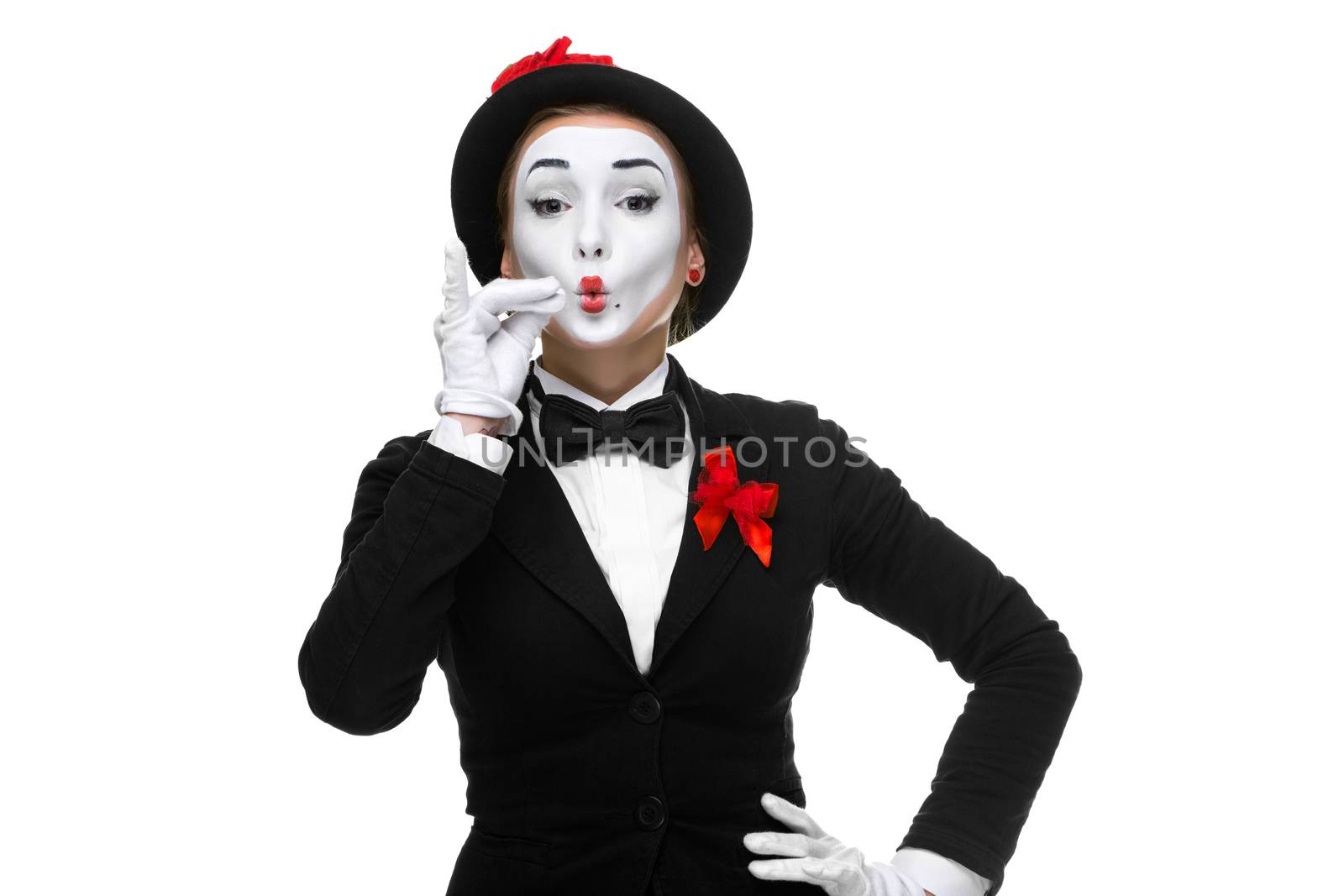 Portrait of the approving woman as mime showing something very small in size, isolated on white background. 