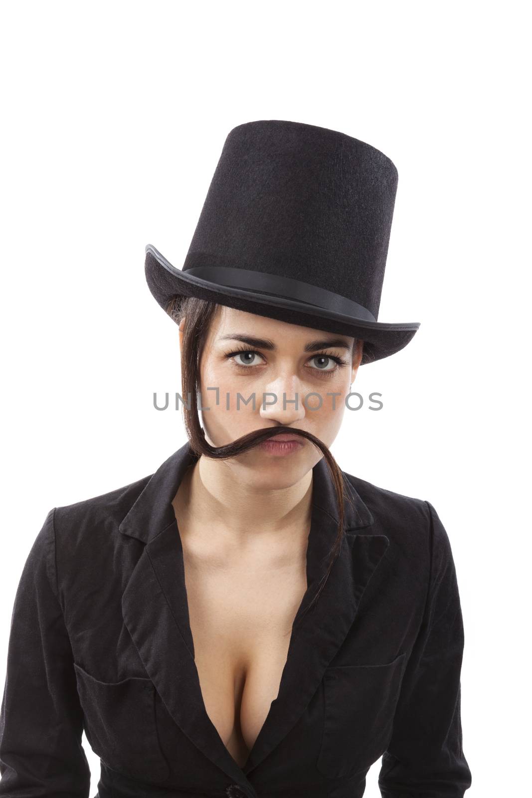 Beautiful young girl with black hat and black dress with mustache from hair. Female discrimination in workplace and feminism.