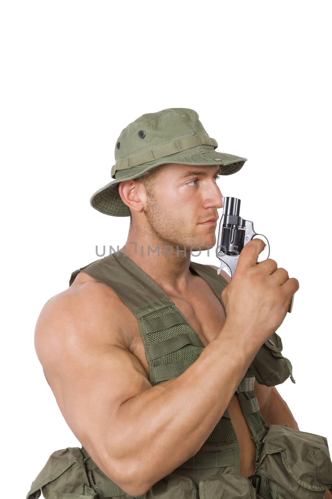 Armed soldier isolated on white background. War, army, security and terrorism.