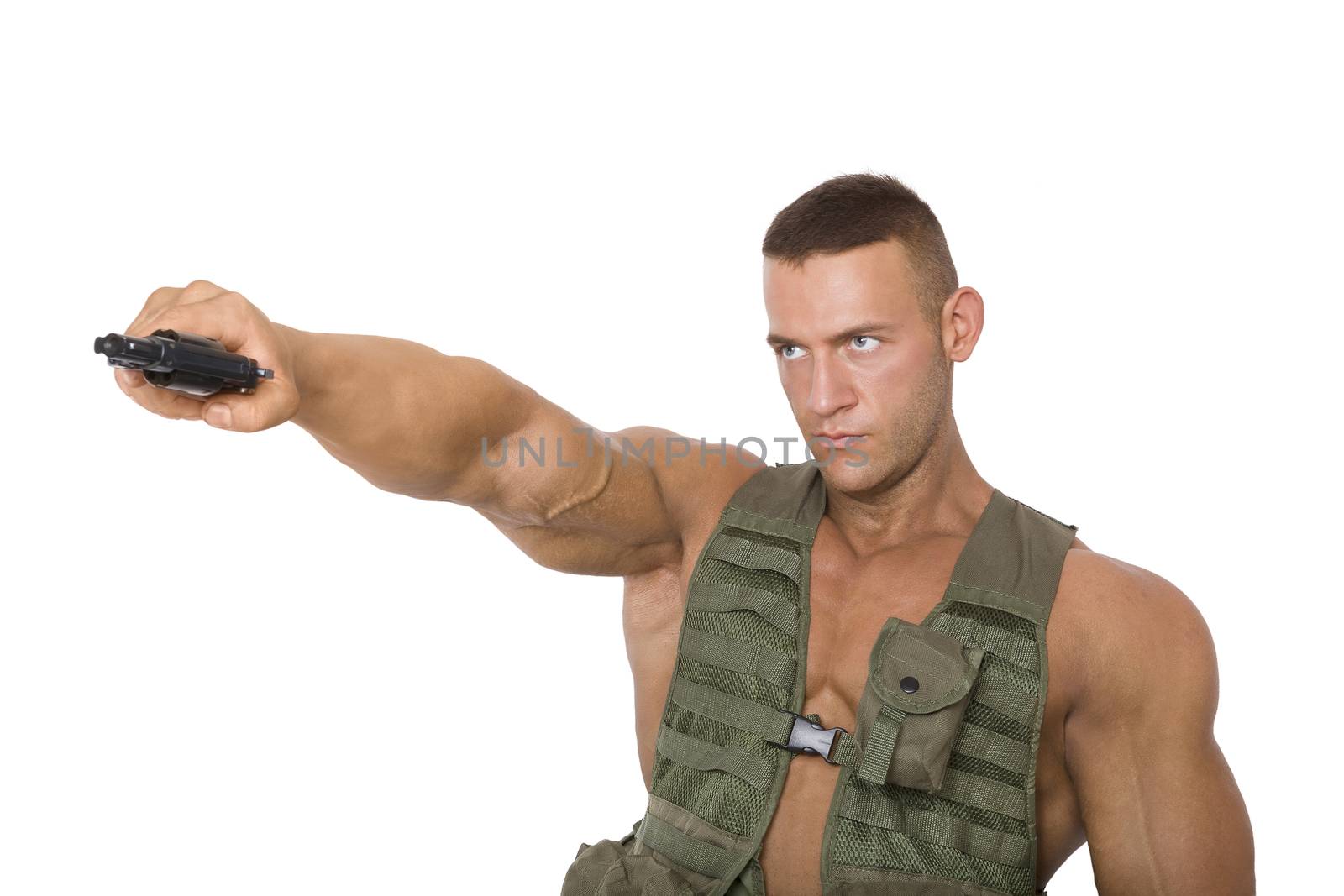 Serious soldier aiming gun isolated on white background. War on terrorism.