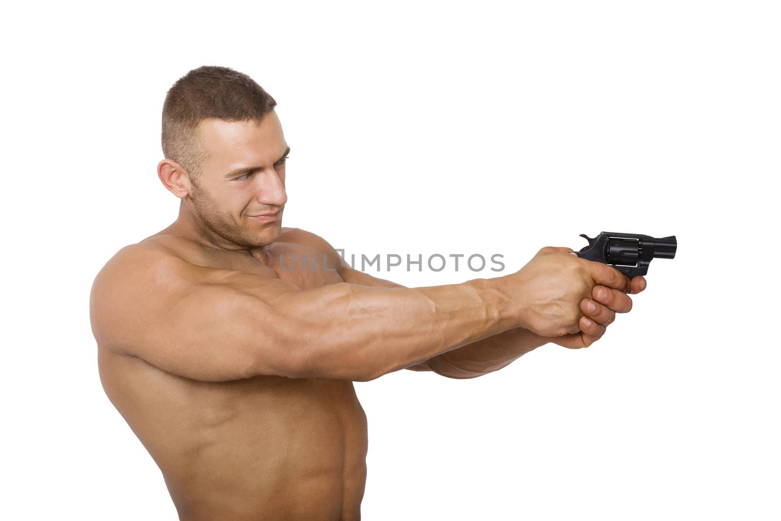 Muscular caucasian man with a gun, isolated on a white background. Guns and violence. 