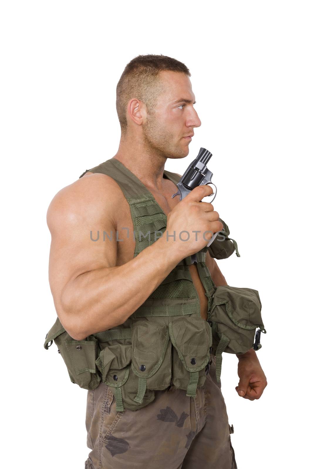 Armed soldier isolated on white background. War, army, security and terrorism.