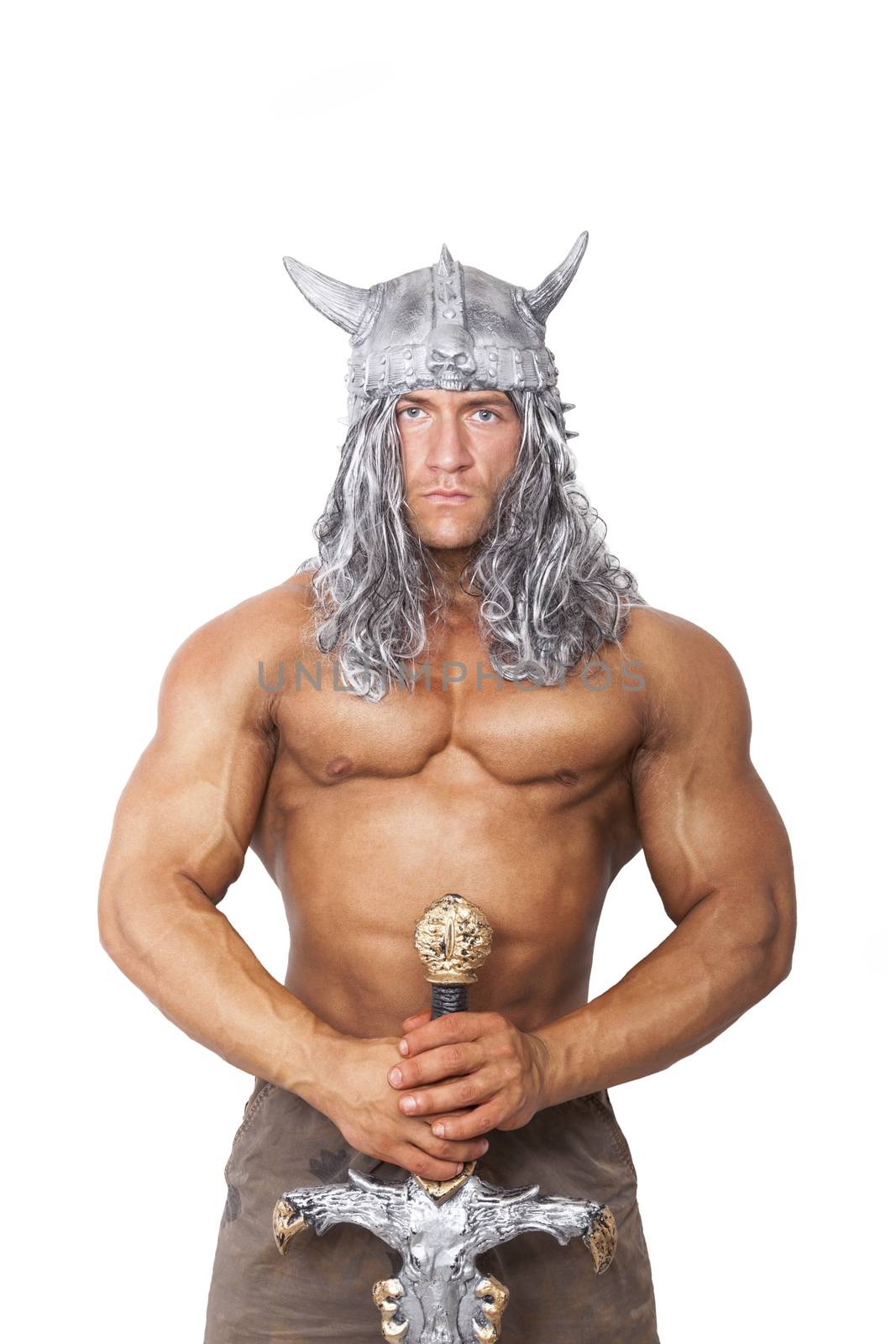 Handsome sexy muscular man as Conan the barbarian. Medieval strong warrior with sword isoalted on white background.