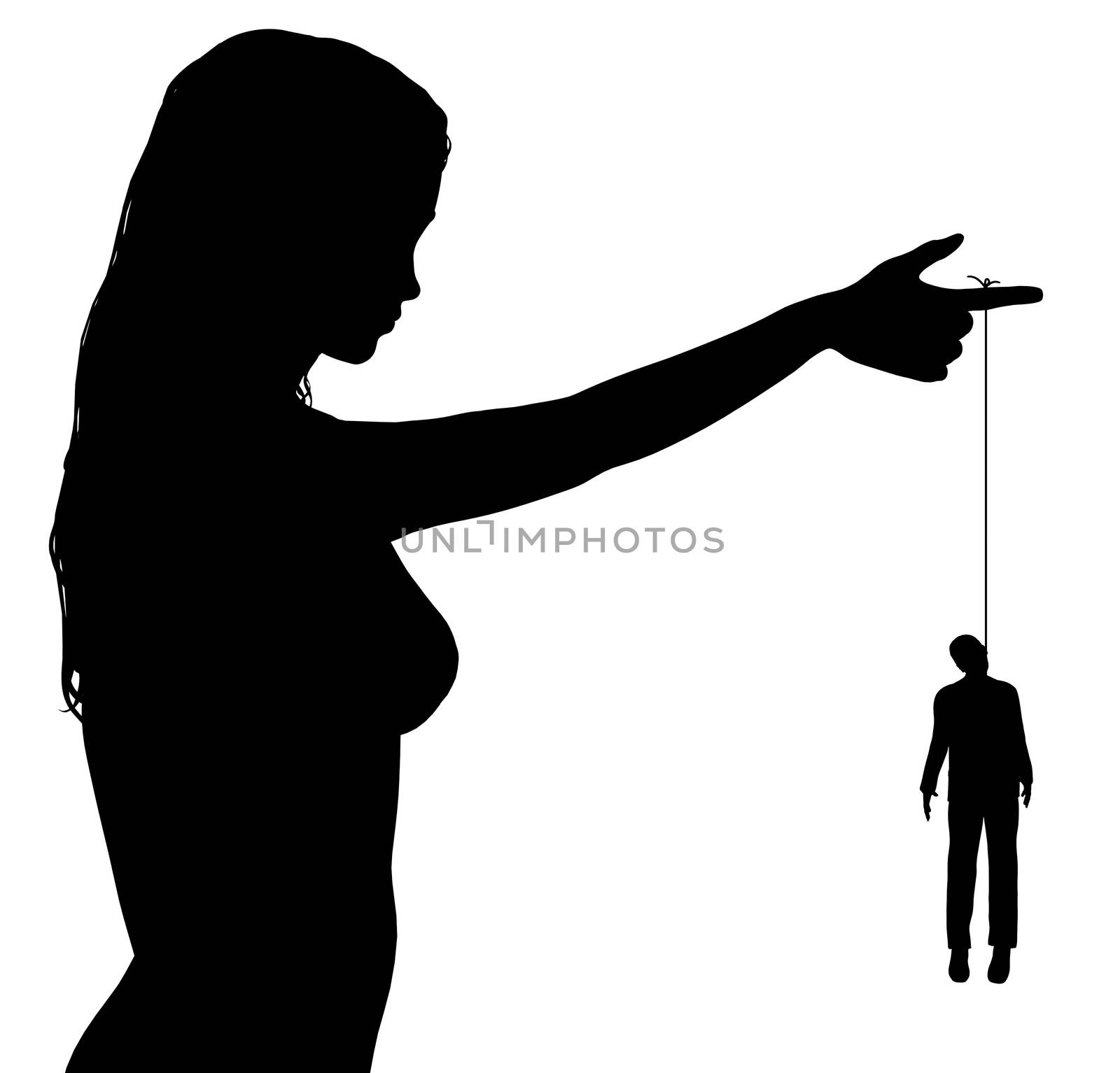 Illustration of a woman holding a man hanging from a rope