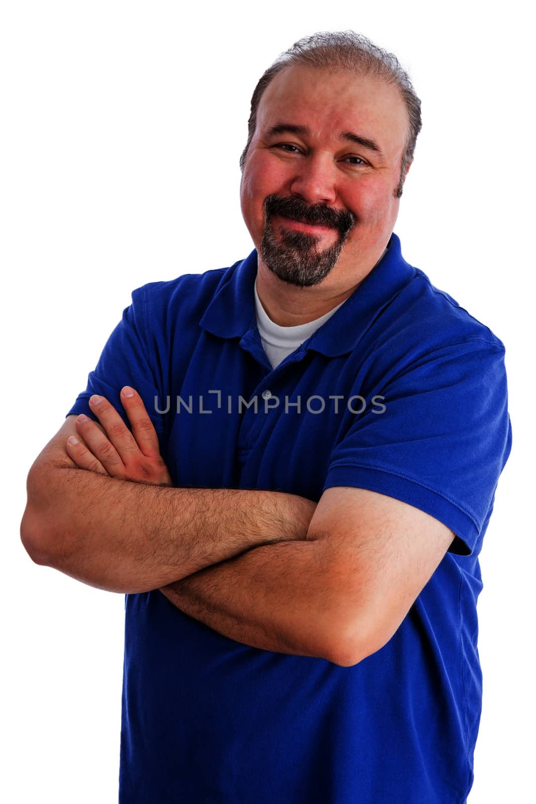 Close up Portrait of a Smiling Bearded Adult Guy in Blue Polo Shirt, Crossing his Arms over His Stomach While looking at the Camera. Isolated on White Background.